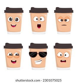 Coffee cup with different emotions. Character set.