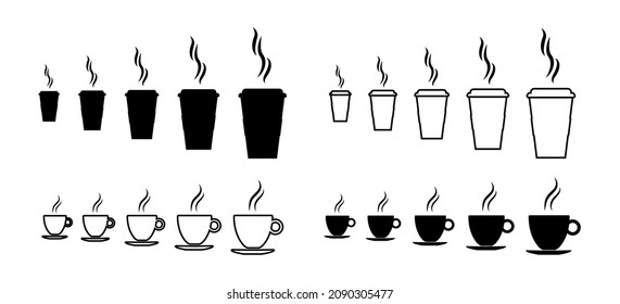 Coffee cup with different size. Small, medium and large icon of cup coffee. Hot drink with smoke. Vector icon of espresso, americano, latte, cappuccino. For breakfast, morning and takeaway.