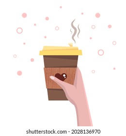 Coffee cup. Coffee in disposable cup in hand on a white background. Flat vector illustration