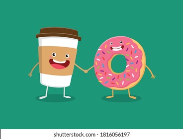 Coffee cup and donut cute cartoon characters, Funny morning breakfast, Vector template illustration