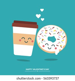 Coffee cup and donut cute valentines day illustration/ greetings card