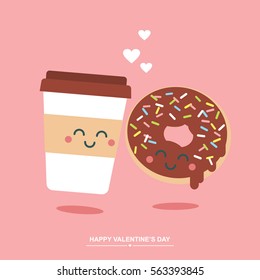 Coffee cup and donut cute valentines day illustration/ greetings card