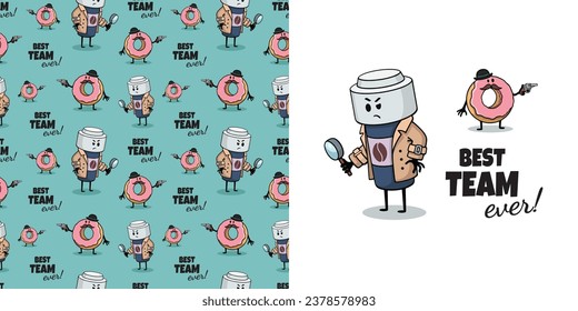 Detectores de café y de donut. Postal con tazón de café, castaño y patrón sin costuras, con letras. Impresión de caricaturas. Los niños diseñan pijamas. Ilustración vectorial. El mejor equipo de la historia