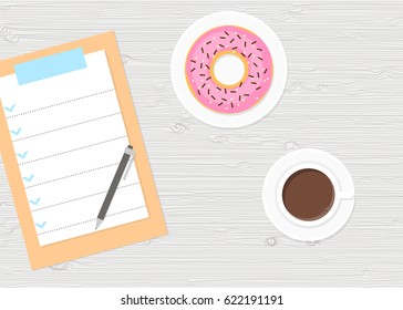 Coffee cup with donut, to do list, paperwork on the wooden table