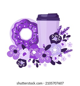 Coffee cup with a donut and flowers. Vector clipart.