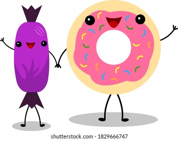 Coffee cup and donut funny cartoon characters laughing and holding hands object on white background concept of invigorating drink and desserts