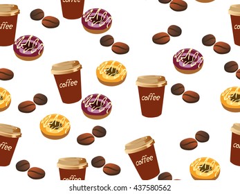 coffee, coffee cup, donut, coffee grains, seamless texture