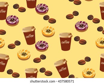coffee, coffee cup, donut, coffee grains, seamless texture