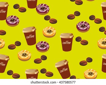 coffee, coffee cup, donut, coffee grains, seamless texture