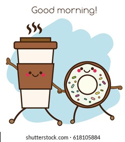 coffee cup and donut holding hands. Cartoon funny food, Cute kawaii smiling and friendly characters. good morning concept illustration. cartoon style