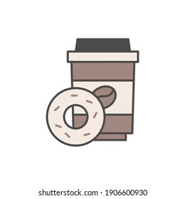 Coffee cup and donut icon in color icon, isolated on white background 