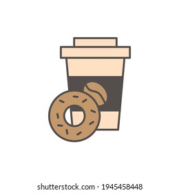 Coffee cup and donut icon in color icon, isolated on white background 