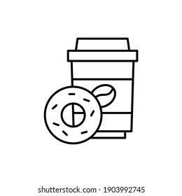 Kaffeetasse und Donut Symbol in schwarzer Linie, einzeln auf Weiß 