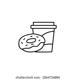 Coffee cup and donut icon in flat black line style, isolated on white 