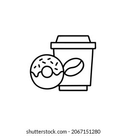 Coffee cup and donut icon in flat black line style, isolated on white 