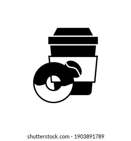Coffee cup and donut icon  in solid black flat shape glyph icon, isolated on white background 