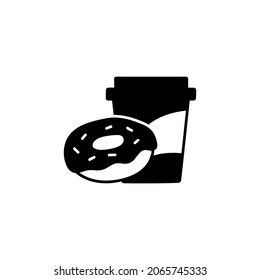Coffee cup and donut icon  in solid black flat shape glyph icon, isolated on white background 