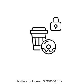 Taza de café, donut y cerradura. Asegure el orden de alimentos y los restaurantes con certificación de seguridad. Icono de Vector de trazo perfecto y editable