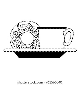 coffee cup and donut on dish in black dotted silhouette on white background