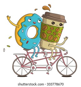 Coffee Cup And Donut Ride On A Pink Bicycle. Funny Vector Illustration On A White Background. Excellent Print On A T-shirt. Fun Donut. Cool Summer Tandem. Cafe Food.