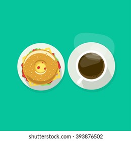 Coffee cup with donut sandwich top view vector illustration, coffee break, breakfast meal, fast food snack, burger and tea mug on plate flat simple cartoon design isolated on green background