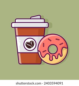 Coffee in a cup and donut with strawberry topping are designed in a simple flat cartoon style. Drink and food concept vector illustration.