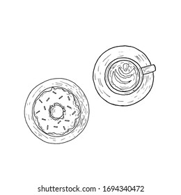 Coffee cup and donut. Top view. Isolated objects on a white background. Vector cartoon illustration. Hand-drawn style.