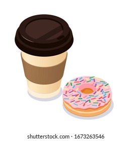 Coffee cup and donut. Vector flat modern style illustration icon design. Isolated on white background. Cafe concept