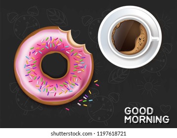 Coffee cup and donut Vector realistic. Product placement mock up. Top view 3d illustrations. Dark backgrounds