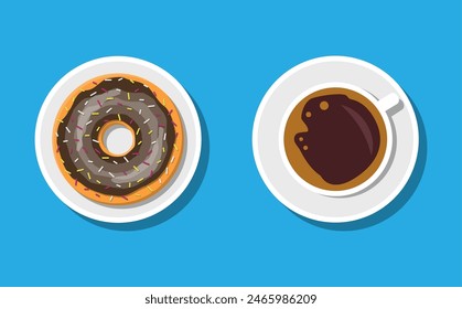 Coffee cup and donuts with chocolate cream. Coffee hot drink. Doughnut into glaze. Concept for cafe, restaurant, menu, desserts, bakery. Breakfast top view. Vector illustration in flat style