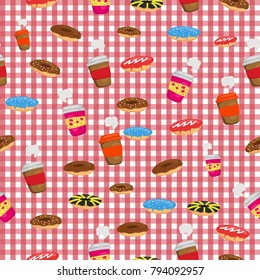 Coffee cup and donuts or doughnut on red table cloth background seamless pattern