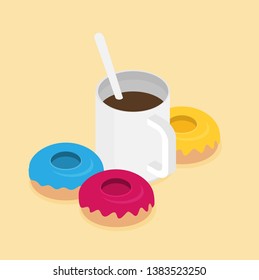 Coffee cup with donuts isometric vector