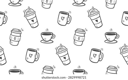 Coffee cup doodle background. Coffee drink doodle pattern. Cute drinks pattern background. Seamless pattern of coffee menu variation with americano, latte, espresso, cappucino, frappe, hot drink.