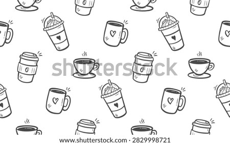 Coffee cup doodle background. Coffee drink doodle pattern. Cute drinks pattern background. Seamless pattern of coffee menu variation with americano, latte, espresso, cappucino, frappe, hot drink.