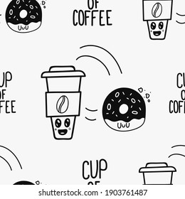 Kaffeetasse Doodle-Charakter mit handgezeichnet Donut Vektor nahtlos Muster für Deckung. Kaffeestextur für Umhüllung, Tapeten und Dekoration