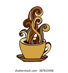 coffee cup doodle hand drawn icon with swirls of smoke 