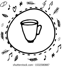 Coffee cup doodle icon in round. Vector cartoon tea cup. Cute hand drawn tea cup. Vector hand drawn tea cup Illustration. Black and white ink line art on different elements background.