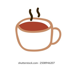 Coffee cup in doodle kids style. Warm steaming beverage, hot tea, morning breakfast drink icon. Simple abstract childish drawing. Outlined flat vector illustration isolated on white background