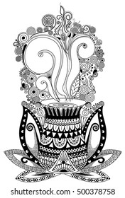 Coffee cup with doodle pattern. Autumn vector illustration. Coloring page