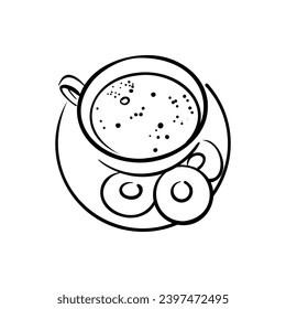 Coffee cup doodle sketch drawing style. Top view of cappuccino or tea drink with three cookies. Perfect for cards, menu, logo, decorations.