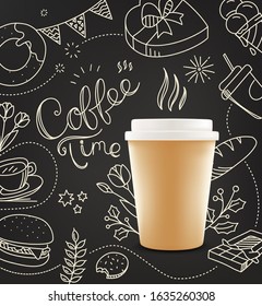 Coffee cup with doodling elements. Cafe menu desing vector template