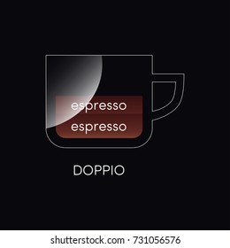 Coffee cup with doppio isolated on black. Vector illustration