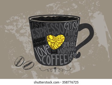 Coffee cup, drawing mug, text composition, chalkboard, vector