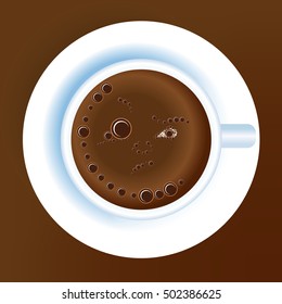 Coffee cup with drawing on coffee. Sketch emotion reflections. Best latte Art Show. Vector.