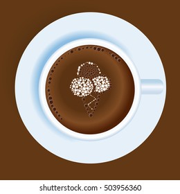 Coffee cup with drawing on coffee. Sketch ice cream cone. Best latte Art Show. Vector.