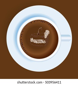 Coffee cup with drawing on coffee. Sketch cake with cherries. Best latte Art Show. Vector.