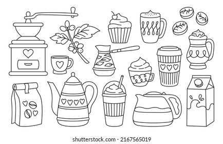 Coffee cup drink, beans and cezve pot linear set. Breakfast cappuccino espresso mug, cupcake and kettle, latte glace cups to go. Rustic arabica grinder. Doodle vector cafe coffeehouse menu