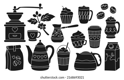 Bebida de café, frijoles y estampado lineal de la olla de cezve. Desayuno capuchino espresso mug, quequito y hervidor, latte glace cups para ir. Molinador rústico de arabica. menú contextual del símbolo del vector