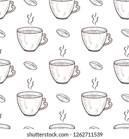 Coffee. Cup, drink and grain. Sketch. Background, wallpaper, seamless, texture.