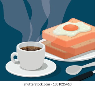 coffee cup with egg on bread and cutlery design of drink caffeine breakfast and beverage theme Vector illustration